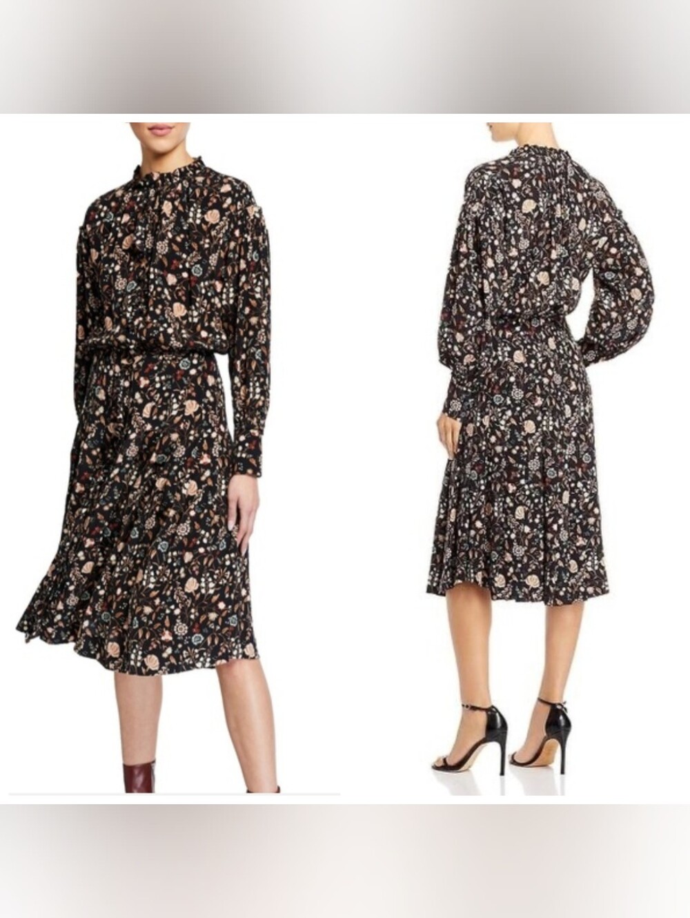 FRAME Silk Ruffle Front 100% Silk Floral Midi Dress Noir Multi Size M